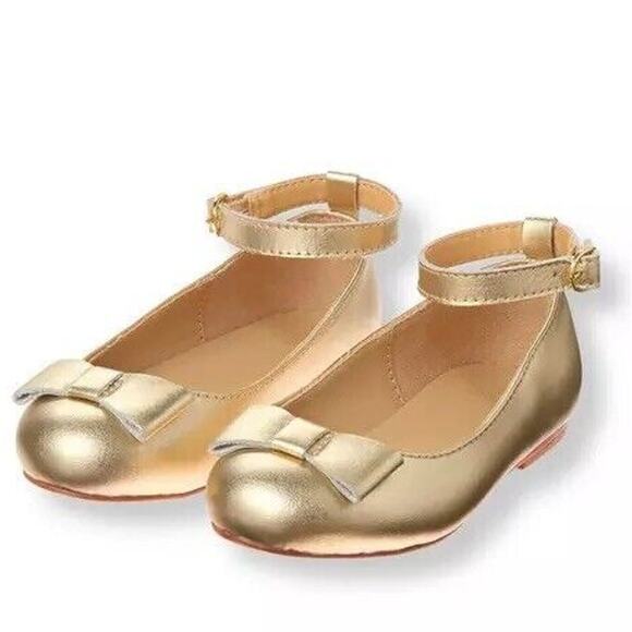 Janie and Jack Size 8 Gold Metallic Bow Ballet Flats Ankle Straps W Buckles - Picture 1 of 14